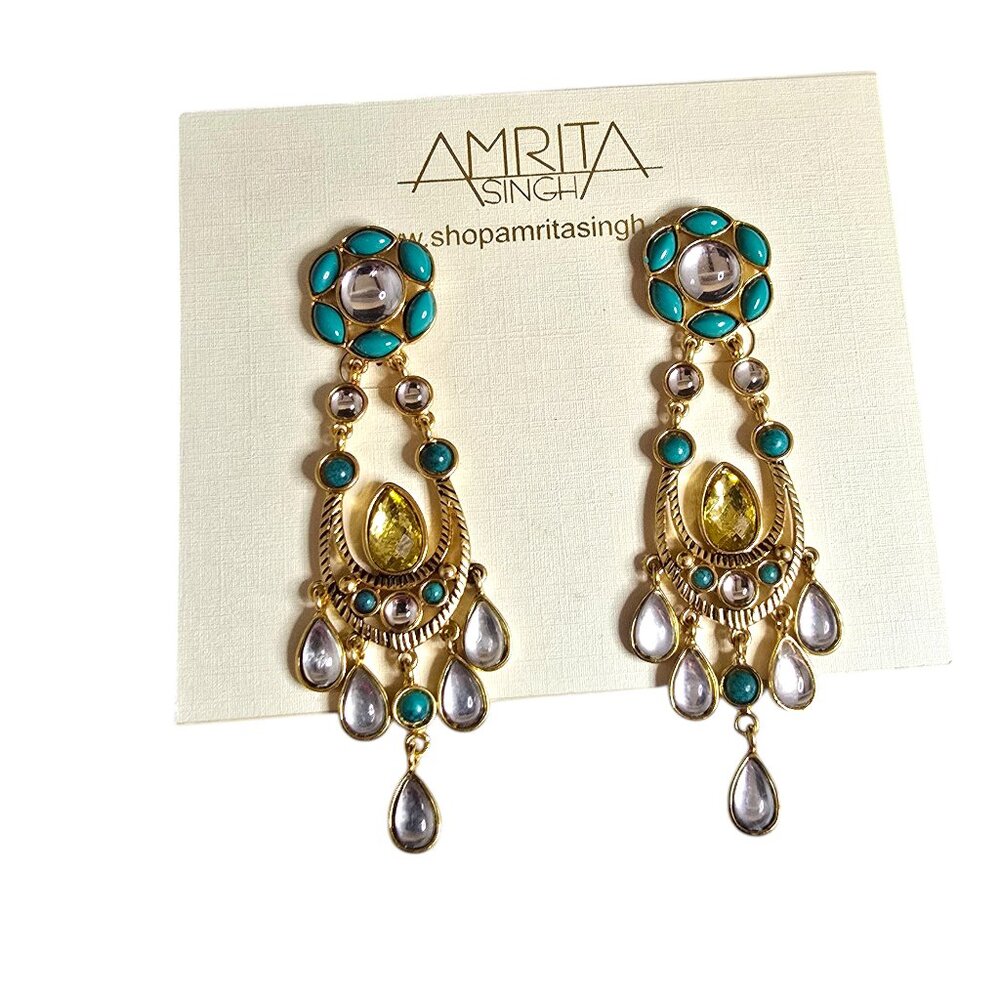 Amrita Singh Statement Green Turquoise Gold Plated Chandelier Earrings NWT - Picture 3 of 4